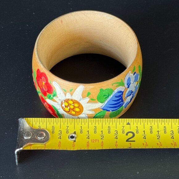 Vintage Boho Hand-Painted Wooden Napkin Ring With Floral Design Set Of 4 Rustic - Picture 9 of 10